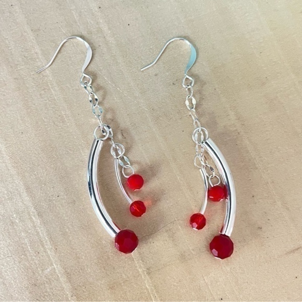 2/$29 Handmade Red Swarovski & Silver Curved Bar Dangle Earrings 2.25”